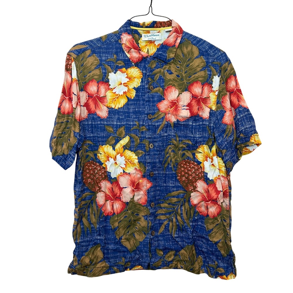 Caribbean Button Down Shirt Mens Large Blue Tropical Silk Blend Floral Pineapple